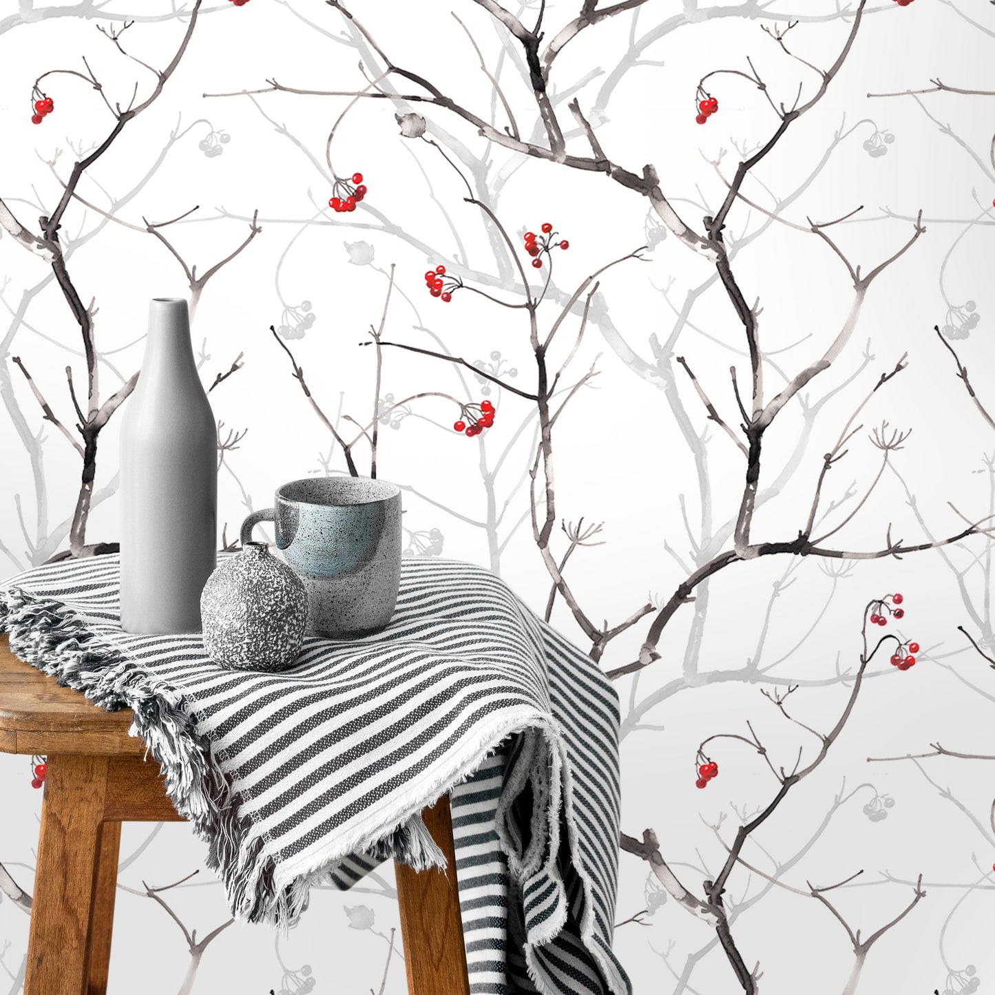 Branches Wallpaper Peel and Stick, Berries Wallpaper, Botanical Wallpaper, Removable Wall Paper