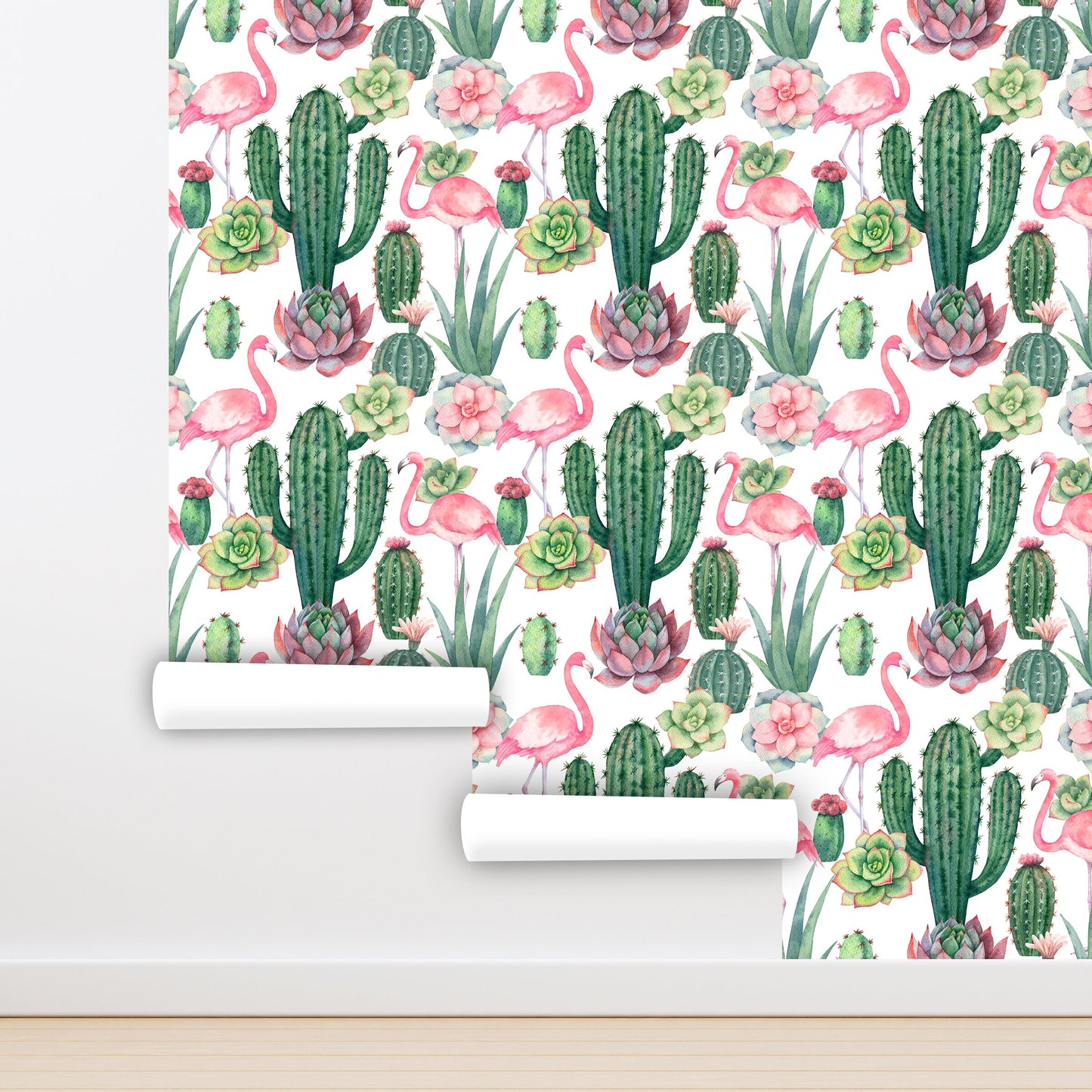 Cactus Wallpaper Peel and Stick, Flamingo Wallpaper, Tropical Wallpaper, Removable Wall Paper