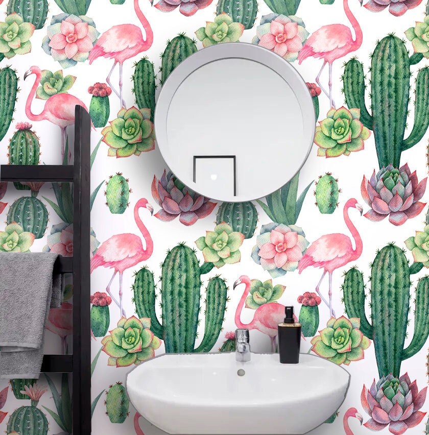 Cactus Wallpaper Peel and Stick, Flamingo Wallpaper, Tropical Wallpaper, Removable Wall Paper