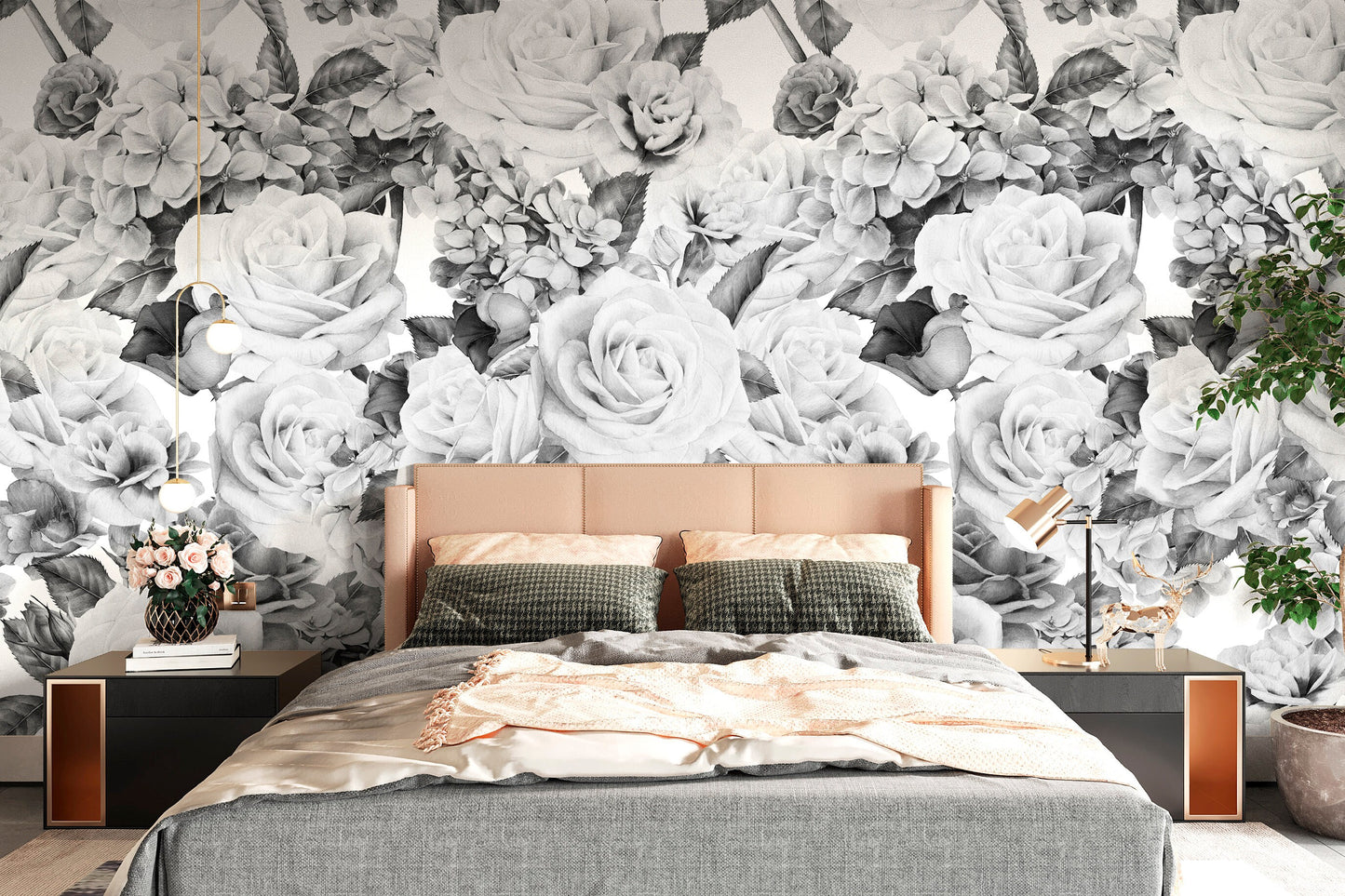 Big Flower Wallpaper Peel and Stick, Black and White Rose Wallpaper, Floral Wall Mural, Removable Wall Paper