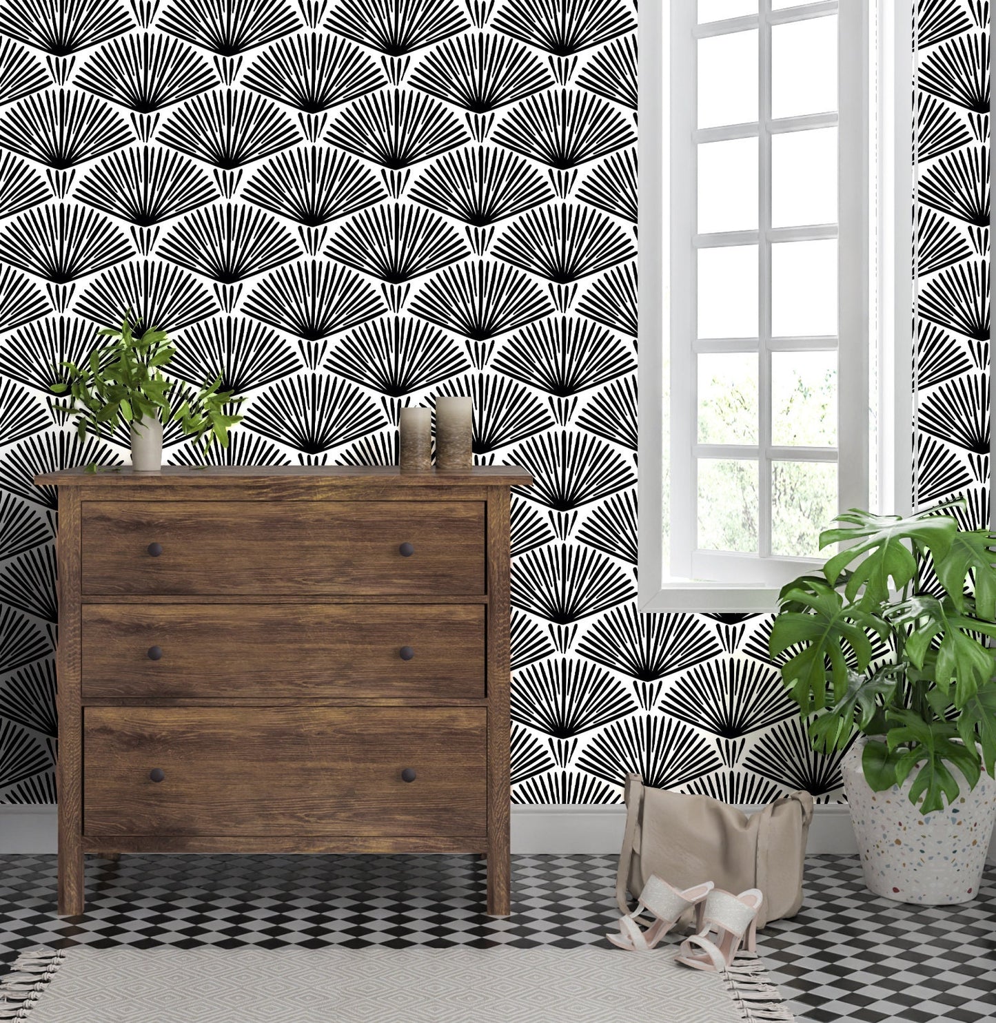 Art Deco Wallpaper Peel and Stick, Retro wallpaper, Black and White Wallpaper, Geometric Wallpaper, Removable Wall Paper