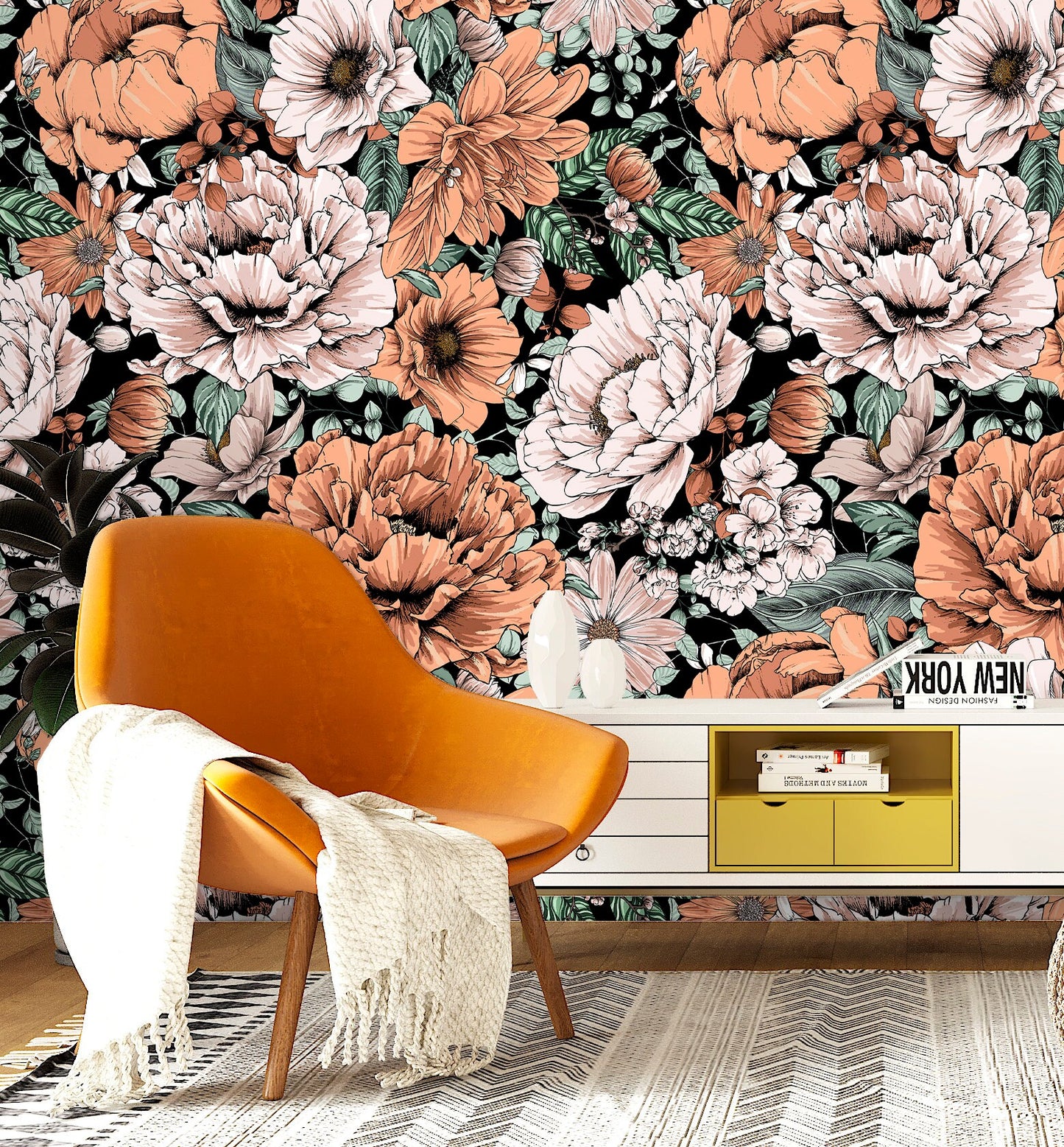 Rust Floral Wallpaper Peel and Stick, Peony Wallpaper, Big Flower Wallpaper, Removable Wall Paper