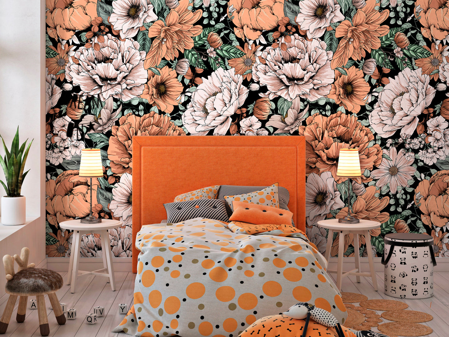 Rust Floral Wallpaper Peel and Stick, Peony Wallpaper, Big Flower Wallpaper, Removable Wall Paper