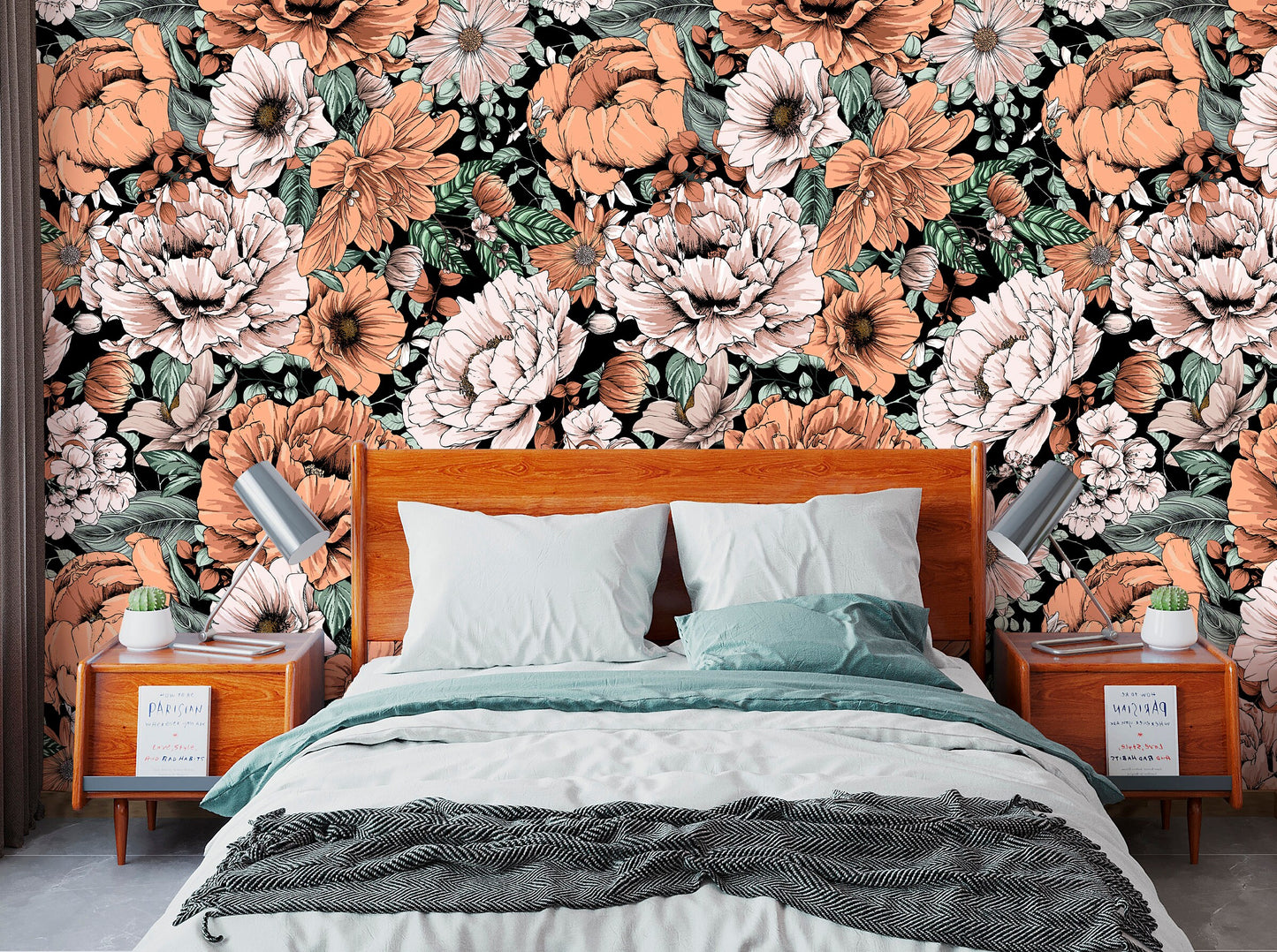 Rust Floral Wallpaper Peel and Stick, Peony Wallpaper, Big Flower Wallpaper, Removable Wall Paper