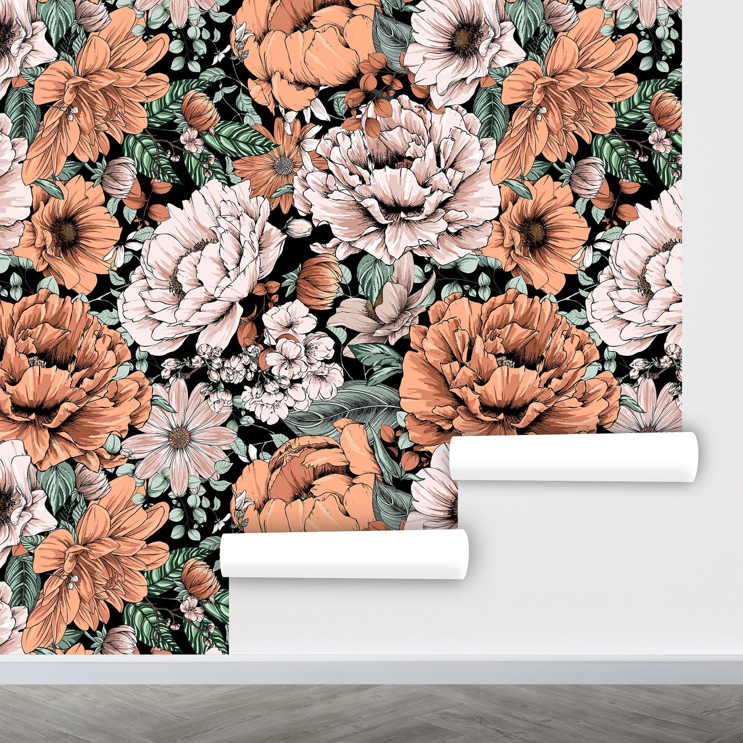 Rust Floral Wallpaper Peel and Stick, Peony Wallpaper, Big Flower Wallpaper, Removable Wall Paper