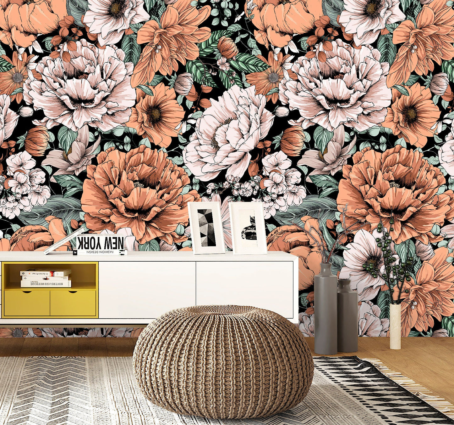 Rust Floral Wallpaper Peel and Stick, Peony Wallpaper, Big Flower Wallpaper, Removable Wall Paper