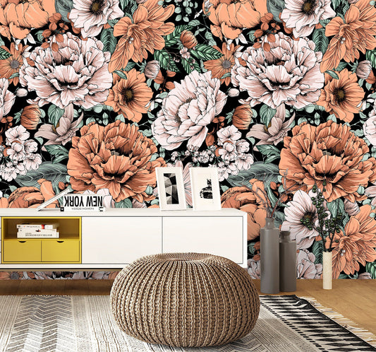 Rust Floral Wallpaper Peel and Stick, Peony Wallpaper, Big Flower Wallpaper, Removable Wall Paper