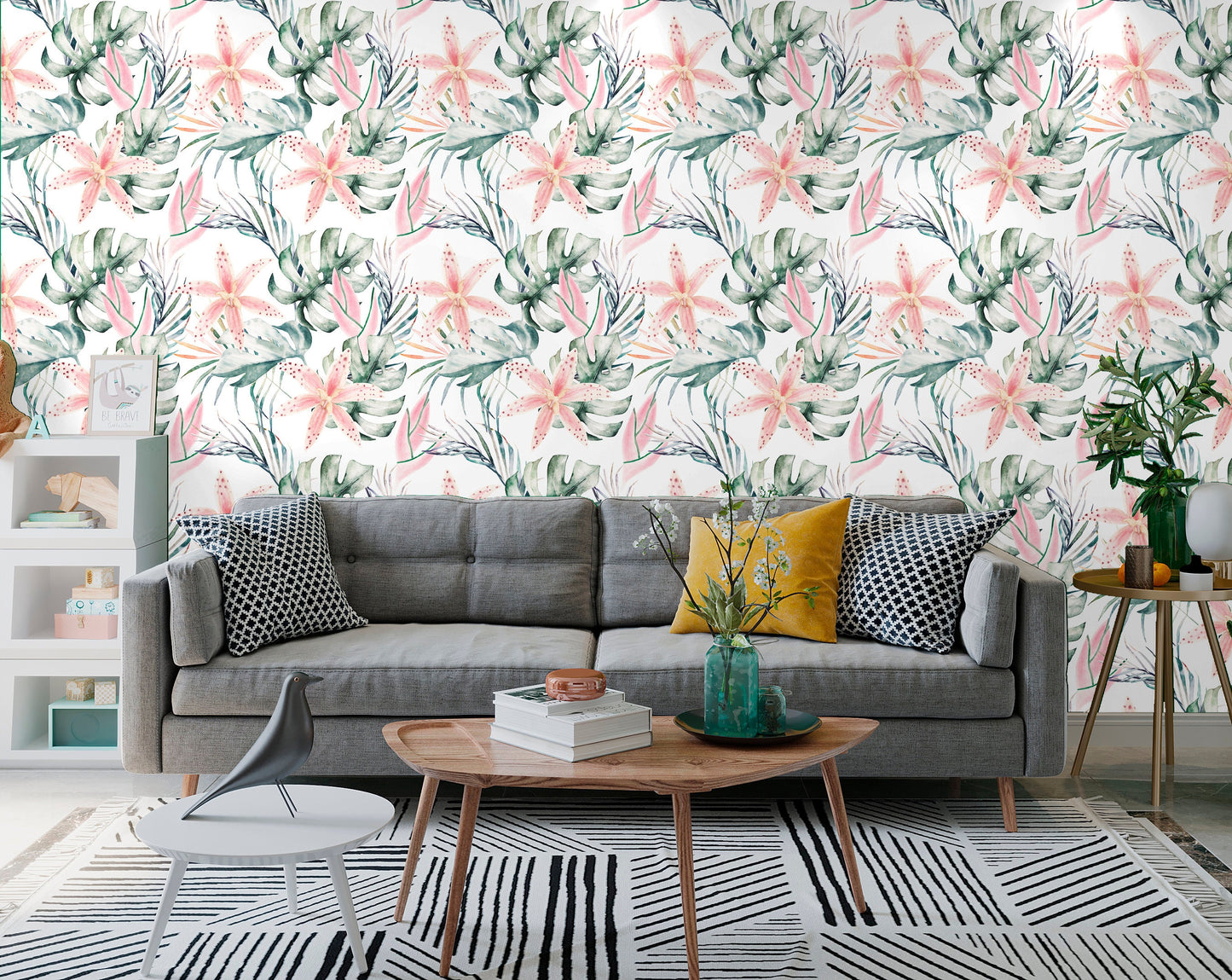 Soft Palm Wallpaper Peel and Stick, Watercolor Wallpaper, Blush Flowers Wallpaper, Tropical Wallpaper, Removable Wall Paper