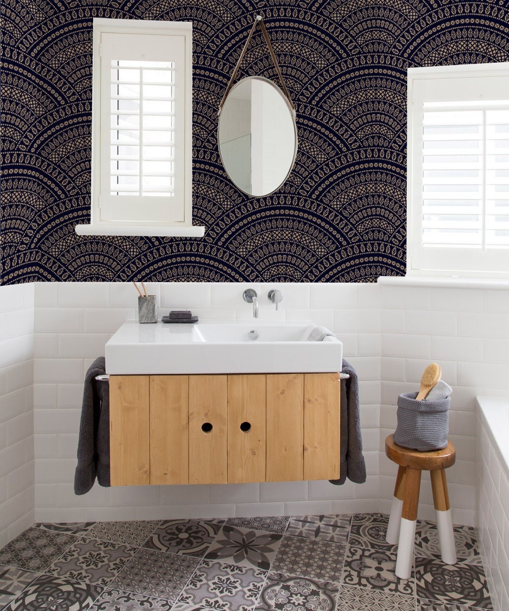 Scallop Wallpaper Peel and Stick, Black Geometric Wallpaper, Removable Wall Paper