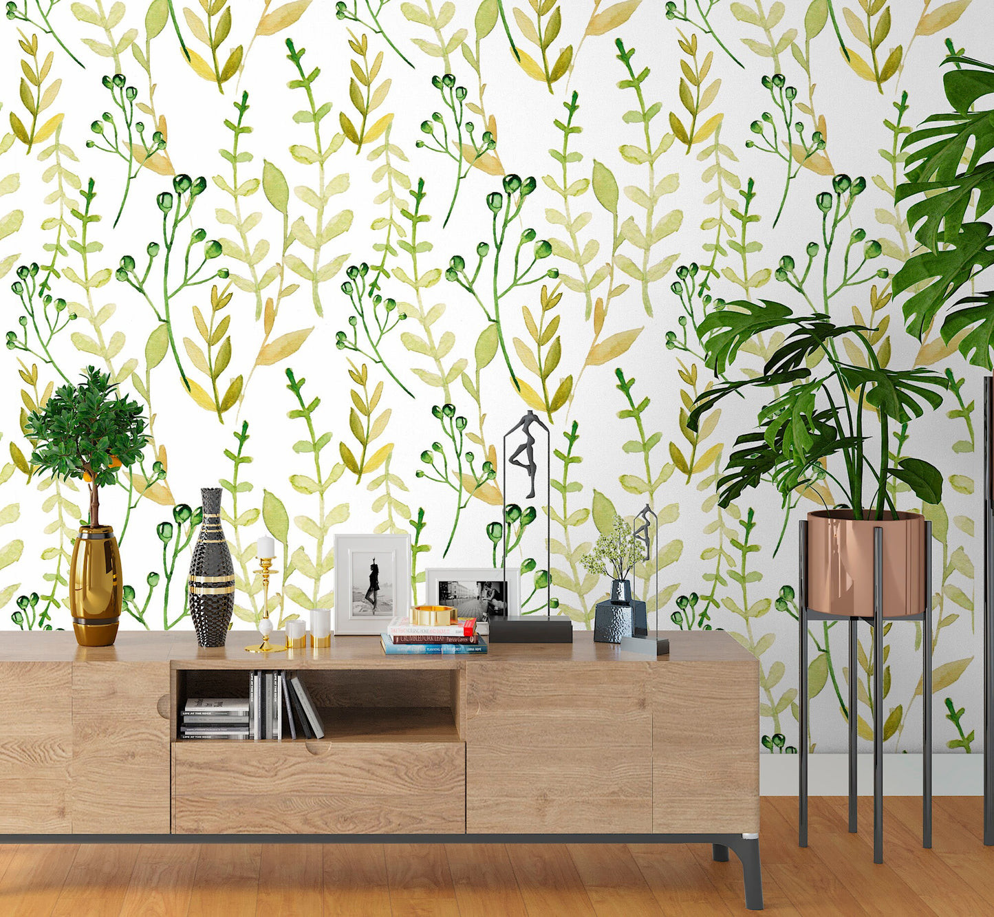 Green Leaf Wallpaper Peel and Stick, Botanical Wallpaper, Watercolor Wallpaper, Removable Wall Paper