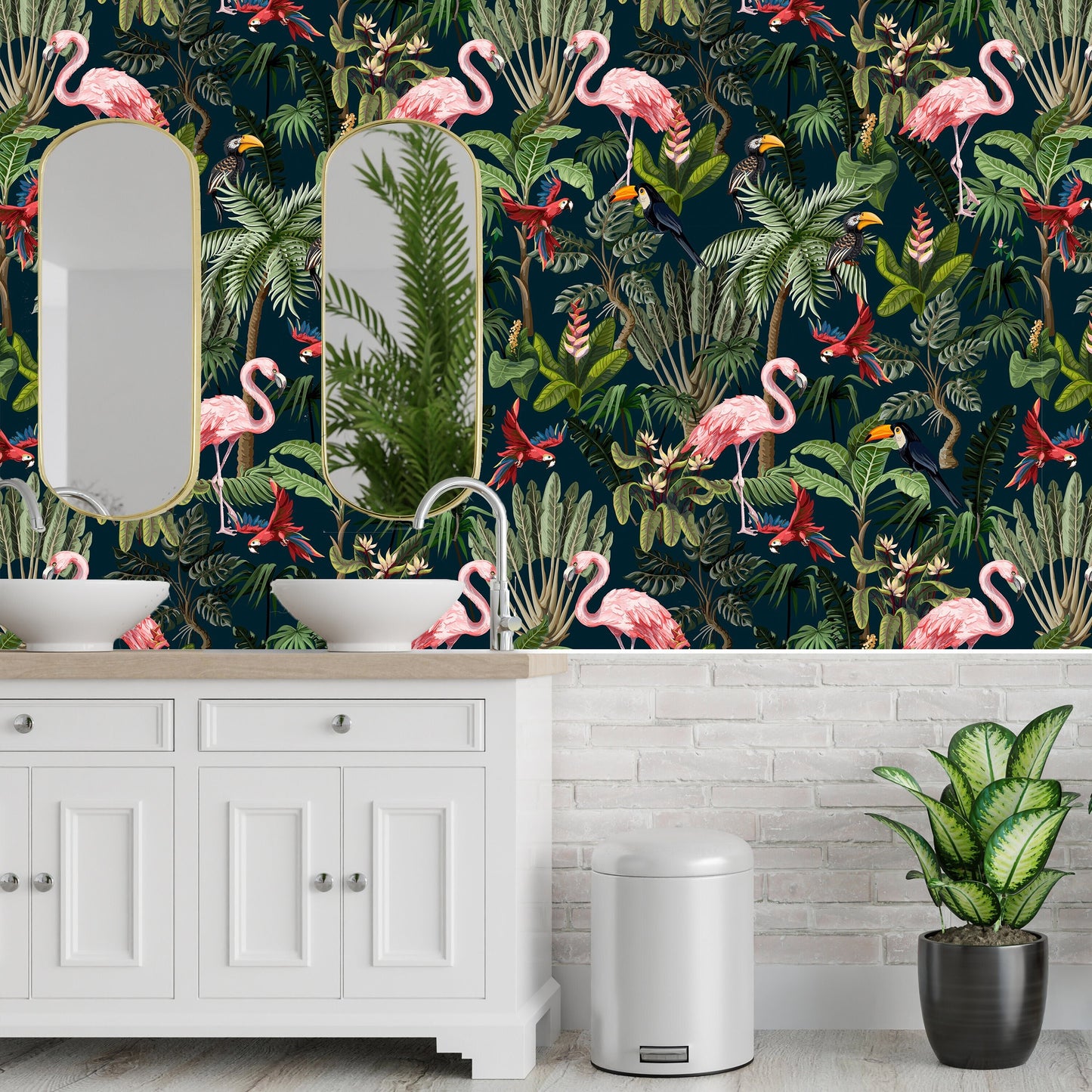 Flamingo Wallpaper Peel and Stick, Parrot Wallpaper, Palm Wallpaper, Tropical Wallpaper, Removable Wall Paper