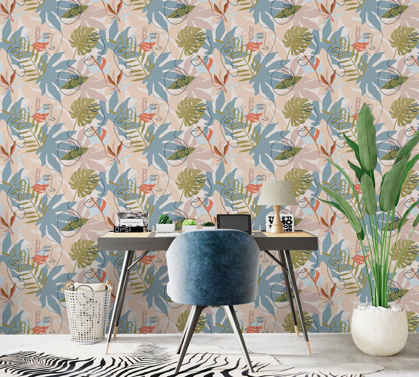 Abstract Tropical Wallpaper Peel and Stick, Palm Leaves Wallpaper, Face Wallpaper, Removable Wall Paper