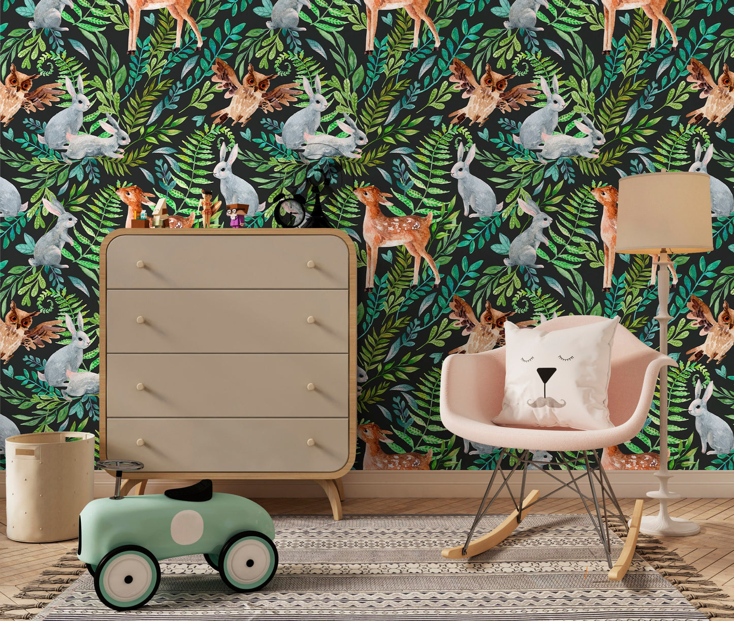 Forest Animal Wallpaper Peel and Stick, Woodland Wallpaper, Dark Rabbit Wallpaper, Owl Wallpaper, Removable Wall Paper