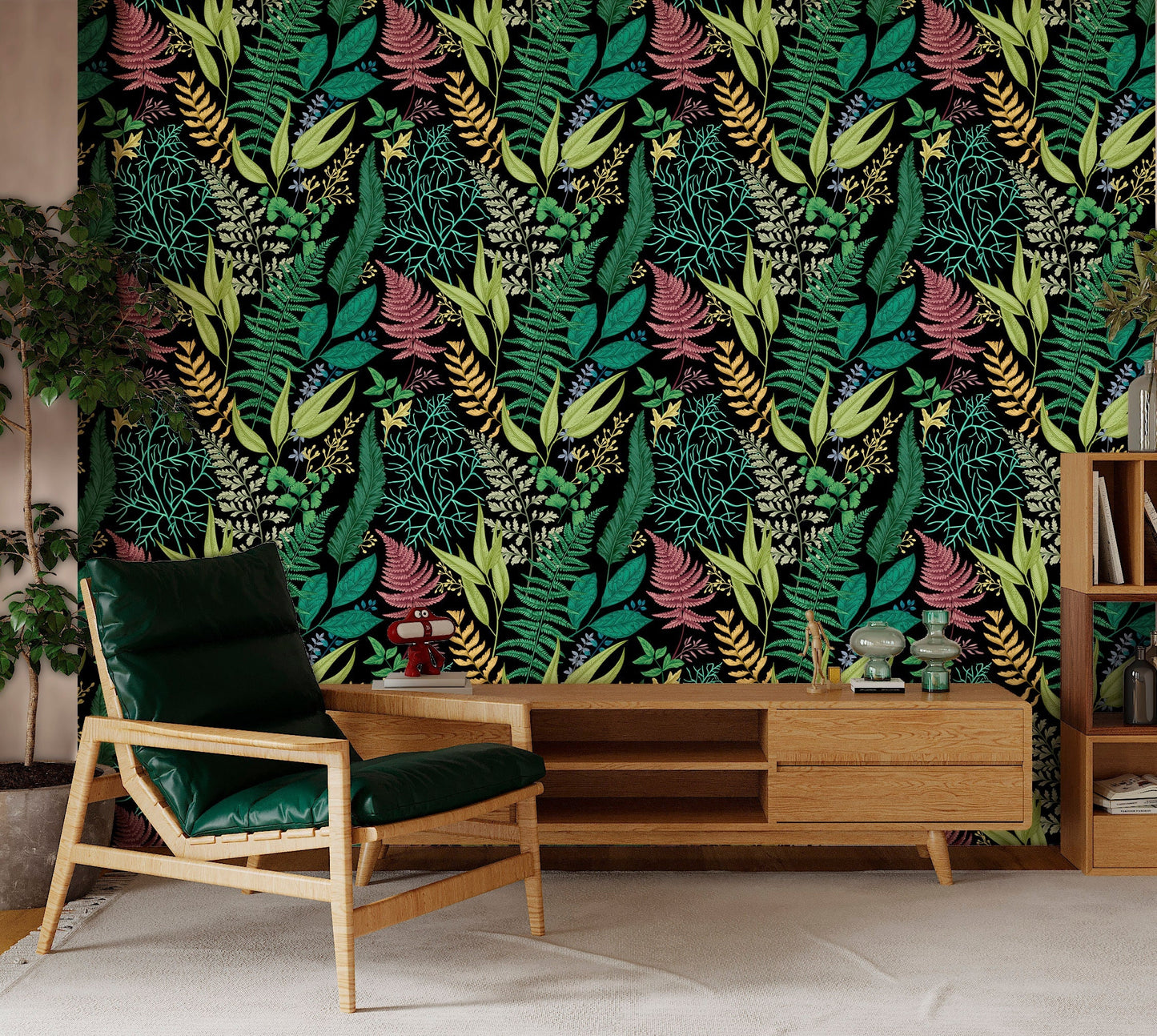 Fern Wallpaper Peel and Stick, Dark Green Wallpaper, Botanical Wallpaper, Removable Wall Paper