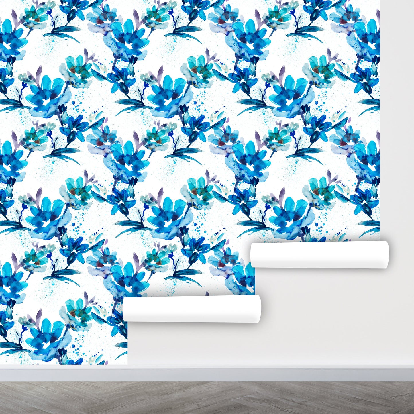 Blue Floral Wallpaper Peel and Stick, Watercolor Wallpaper, Blue and White Wallpaper, Removable Wall Paper