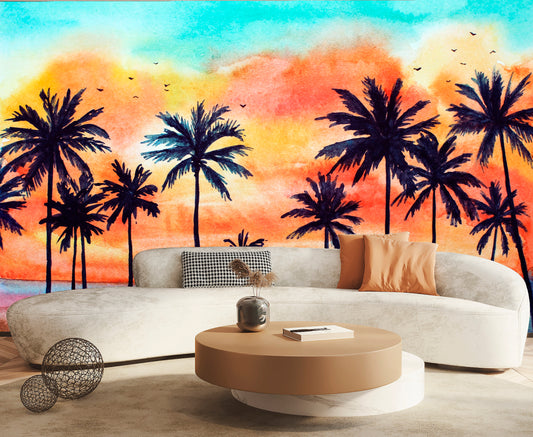 Palm Beach Wallpaper Peel and Stick, Sunset Wallpaper, Watercolor Wallpaper, Removable Wall Paper