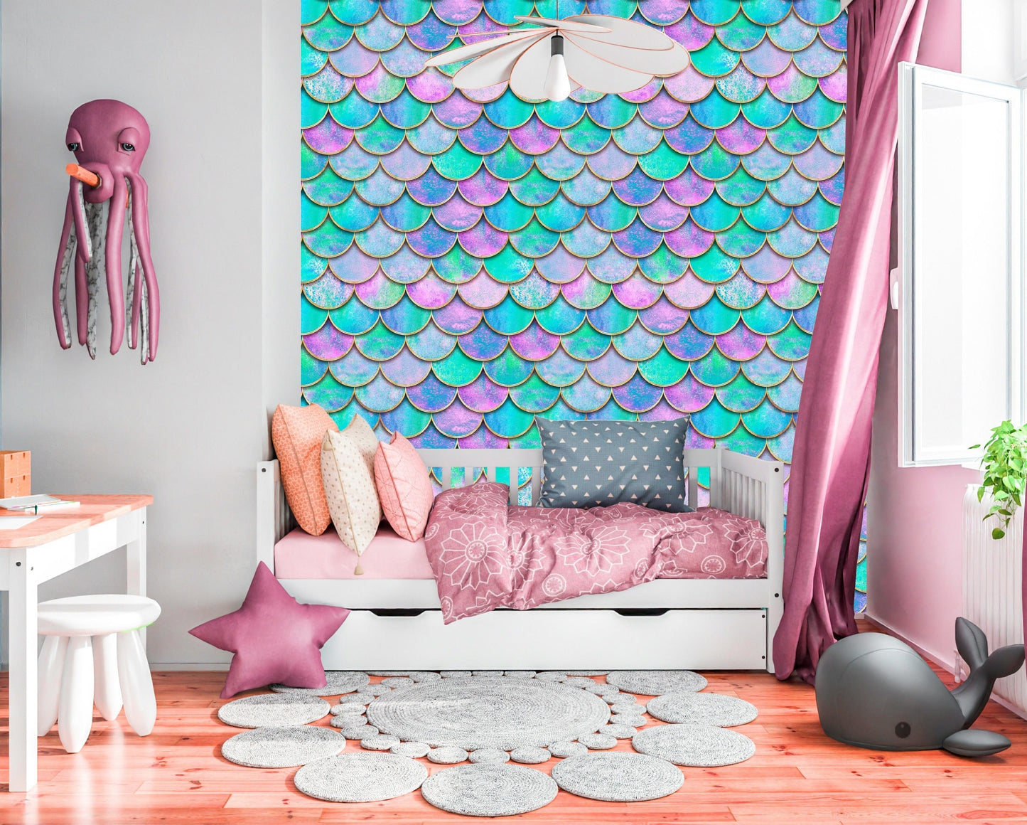 Mermaid Scales Wallpaper Peel and Stick, Girls Room Wallpaper, Removable Wall Paper