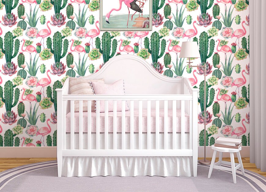 Cactus Wallpaper Peel and Stick, Flamingo Wallpaper, Tropical Wallpaper, Removable Wall Paper