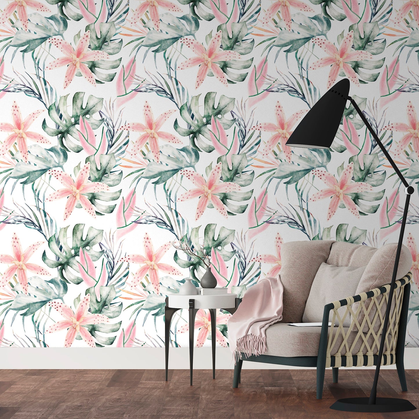 Soft Palm Wallpaper Peel and Stick, Watercolor Wallpaper, Blush Flowers Wallpaper, Tropical Wallpaper, Removable Wall Paper