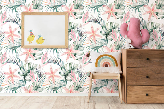 Soft Palm Wallpaper Peel and Stick, Watercolor Wallpaper, Blush Flowers Wallpaper, Tropical Wallpaper, Removable Wall Paper