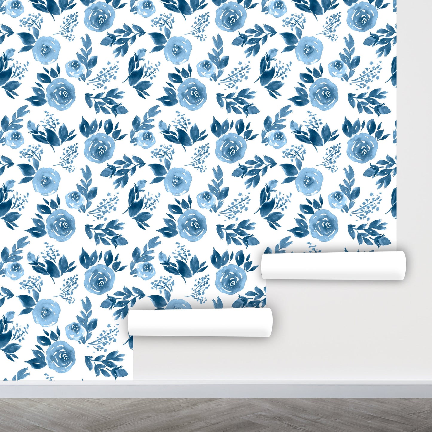 Blue Floral Wallpaper Peel and Stick, Watercolor Wallpaper Nursery, Removable Wall Paper