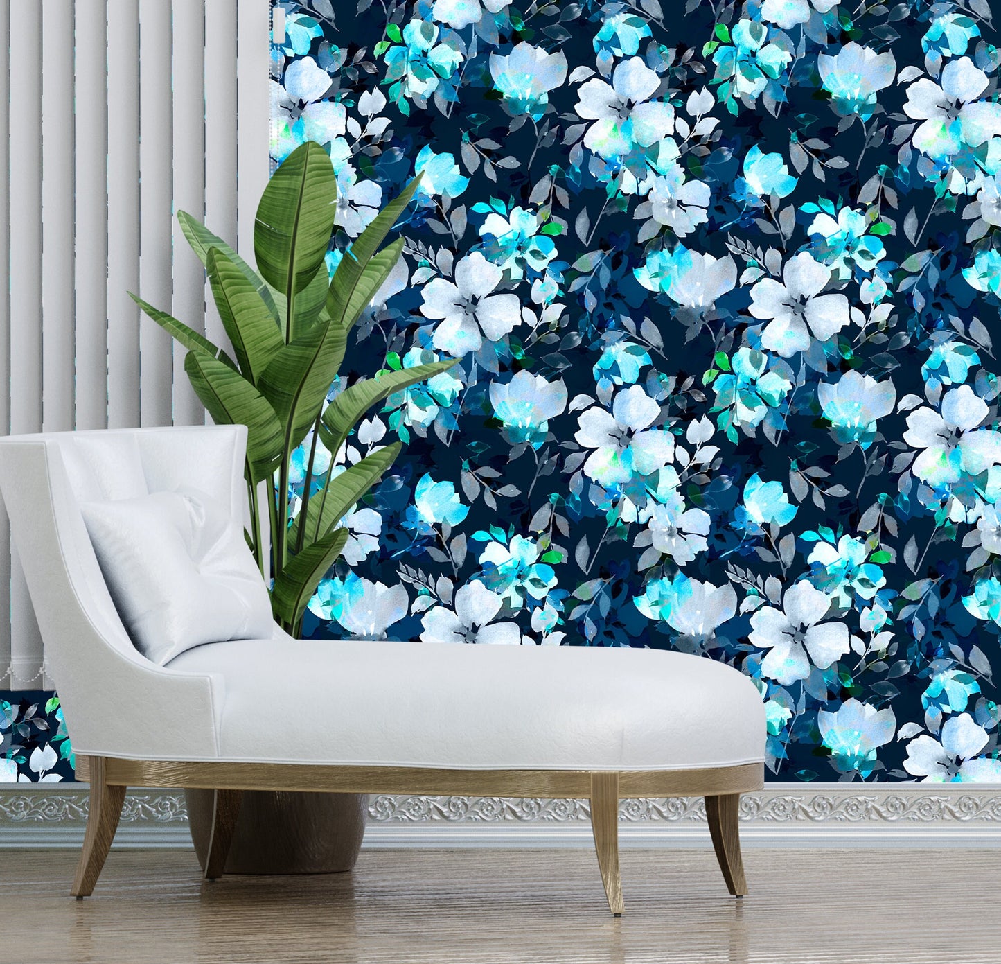 Blue Floral Wallpaper Peel and Stick, Moody Wallpaper, Watercolor Wallpaper, Removable Wall Paper