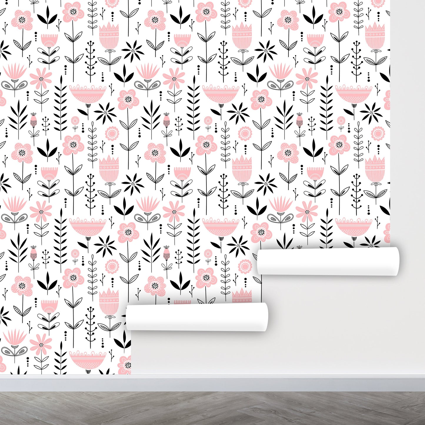 Pink Floral Wallpaper Peel and Stick, Scandinavian Wallpaper, Kids Room Wallpaper, Removable Wall Paper