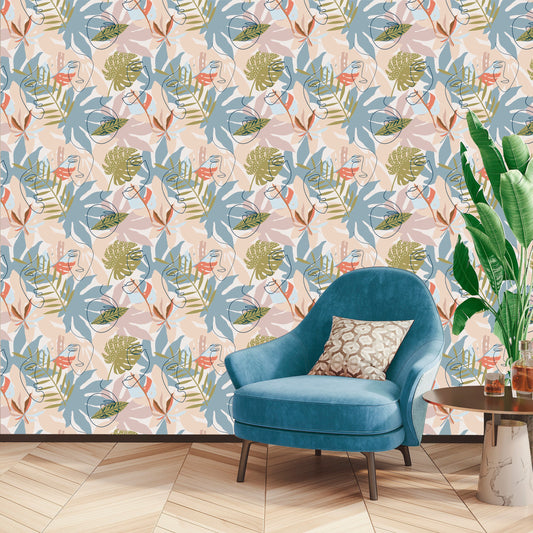 Abstract Tropical Wallpaper Peel and Stick, Palm Leaves Wallpaper, Face Wallpaper, Removable Wall Paper