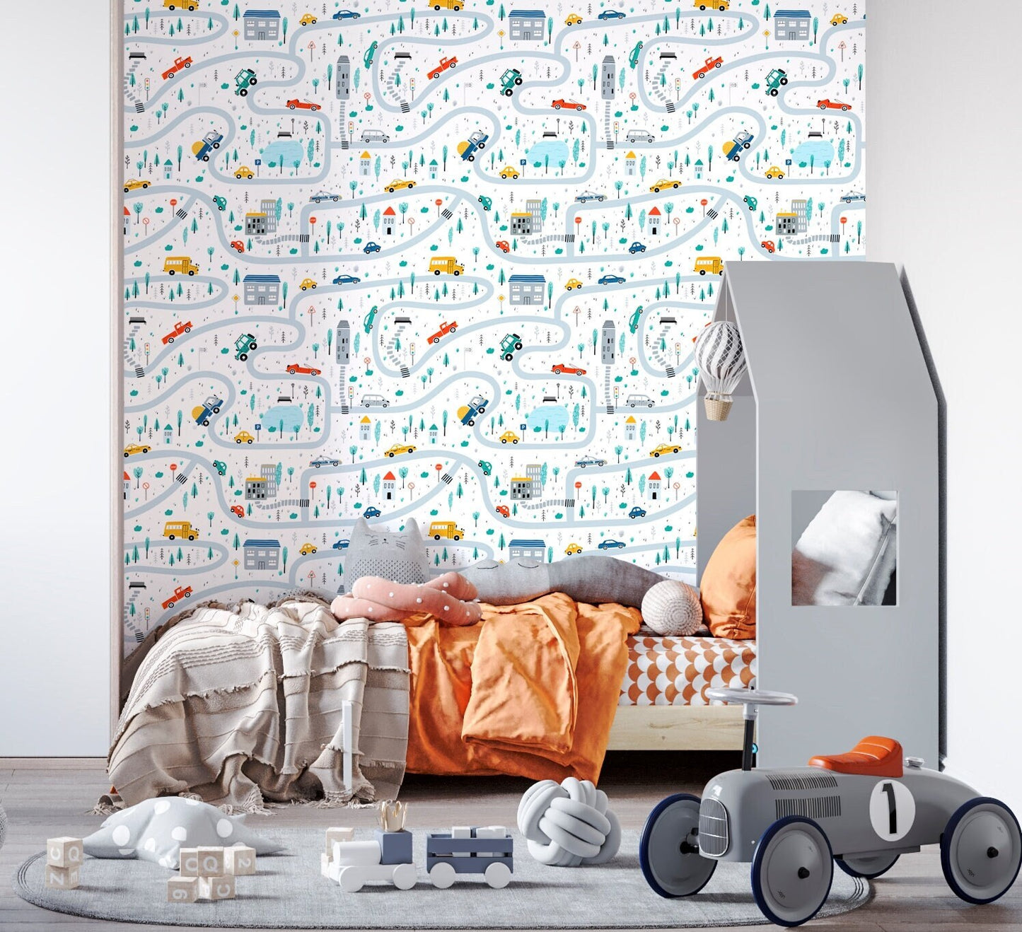 Boys Room Wallpaper, City Map Wallpaper, Road Wallpaper Peel and Stick, Nursery Wallpaper, Removable Wall Paper