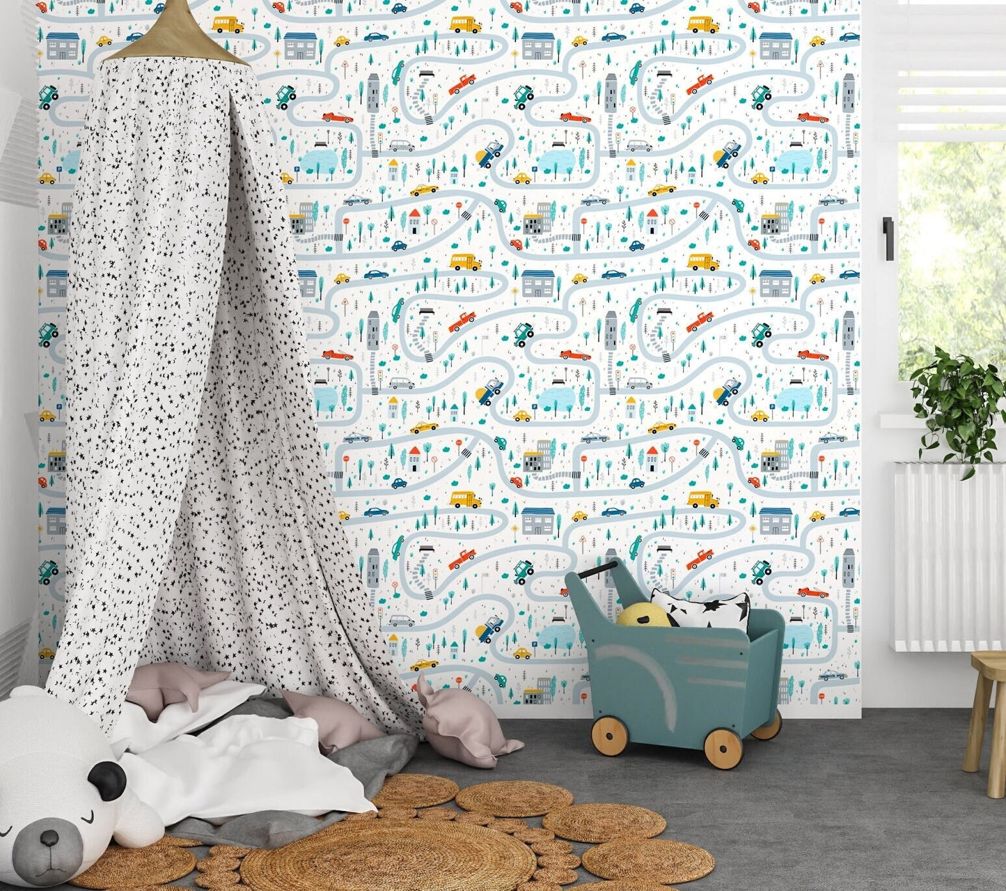 Boys Room Wallpaper, City Map Wallpaper, Road Wallpaper Peel and Stick, Nursery Wallpaper, Removable Wall Paper