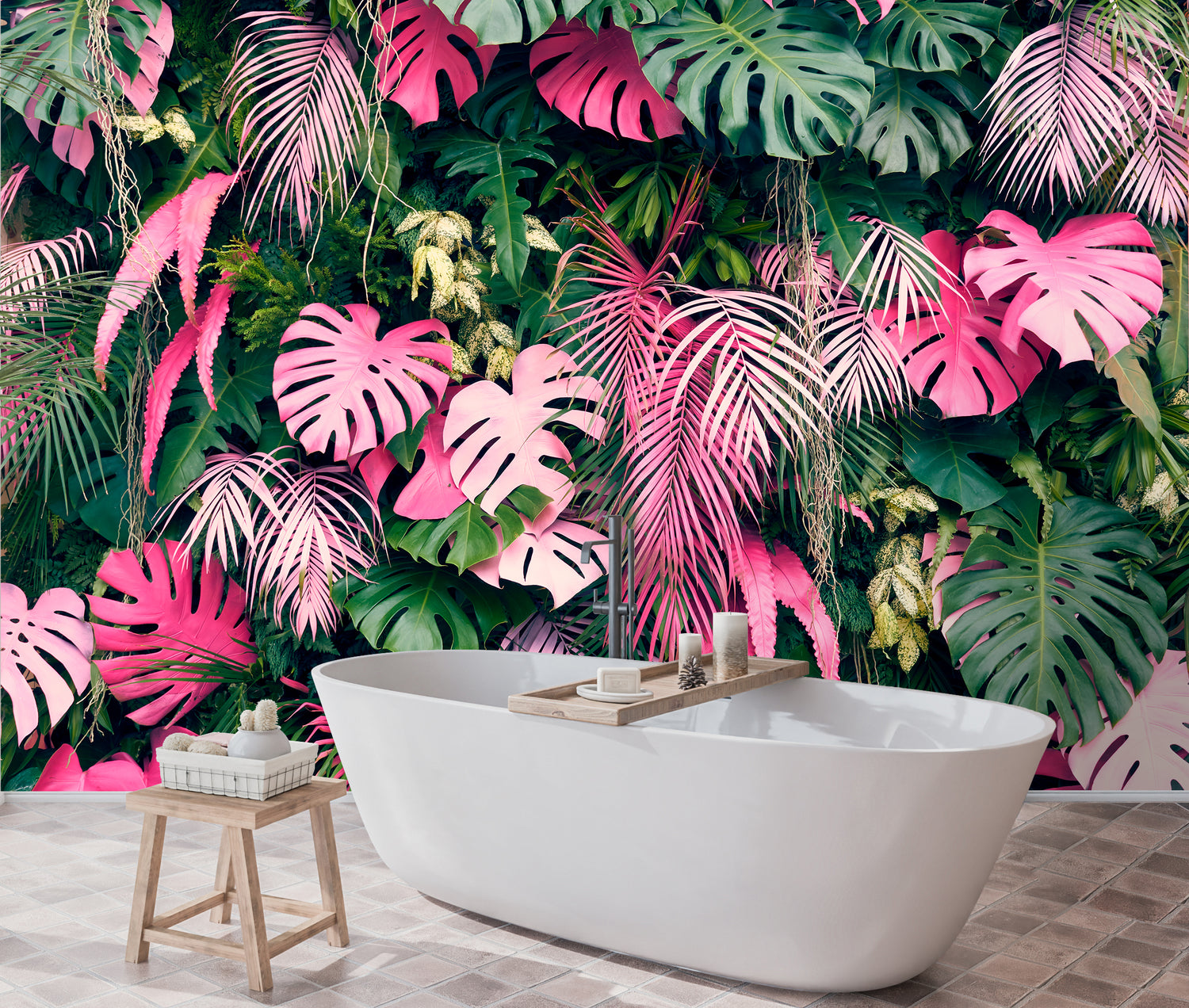 tropical wallpaper peel and stick, jungle, pink leaf monstera removable wall paper