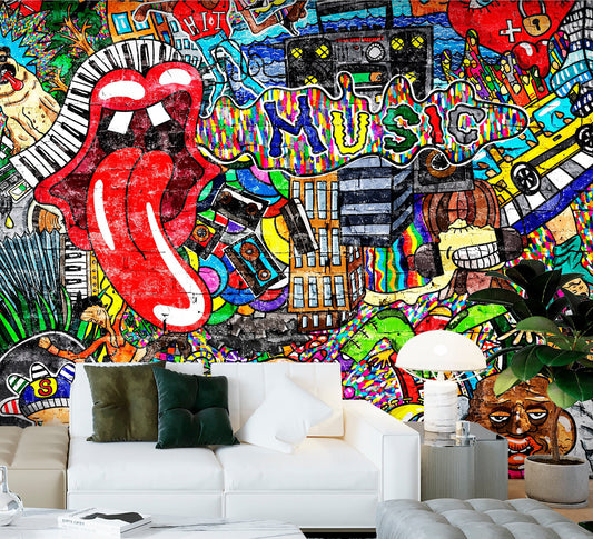 Graffiti Wallpaper Peel and Stick, Music Fun Street Art Removable Wall Paper