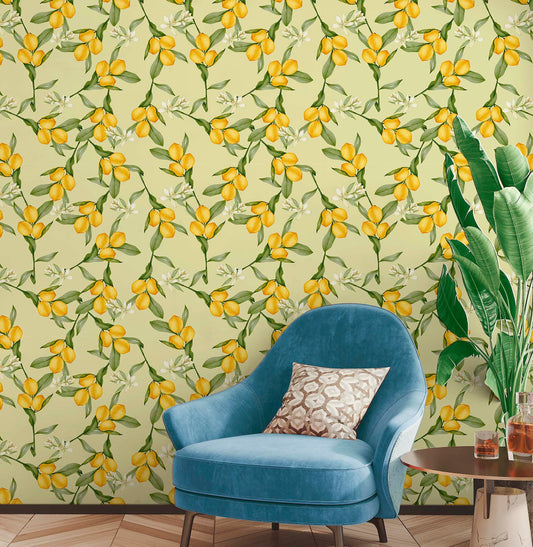Lemon Wallpaper Peel and Stick Canvas, Citrus Kitchen Wall Paper