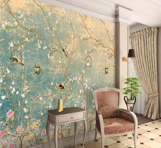 Chinoiserie Wallpaper Peel and Stick, Antique Bird Cage Removable Wall Paper in victorian  living room