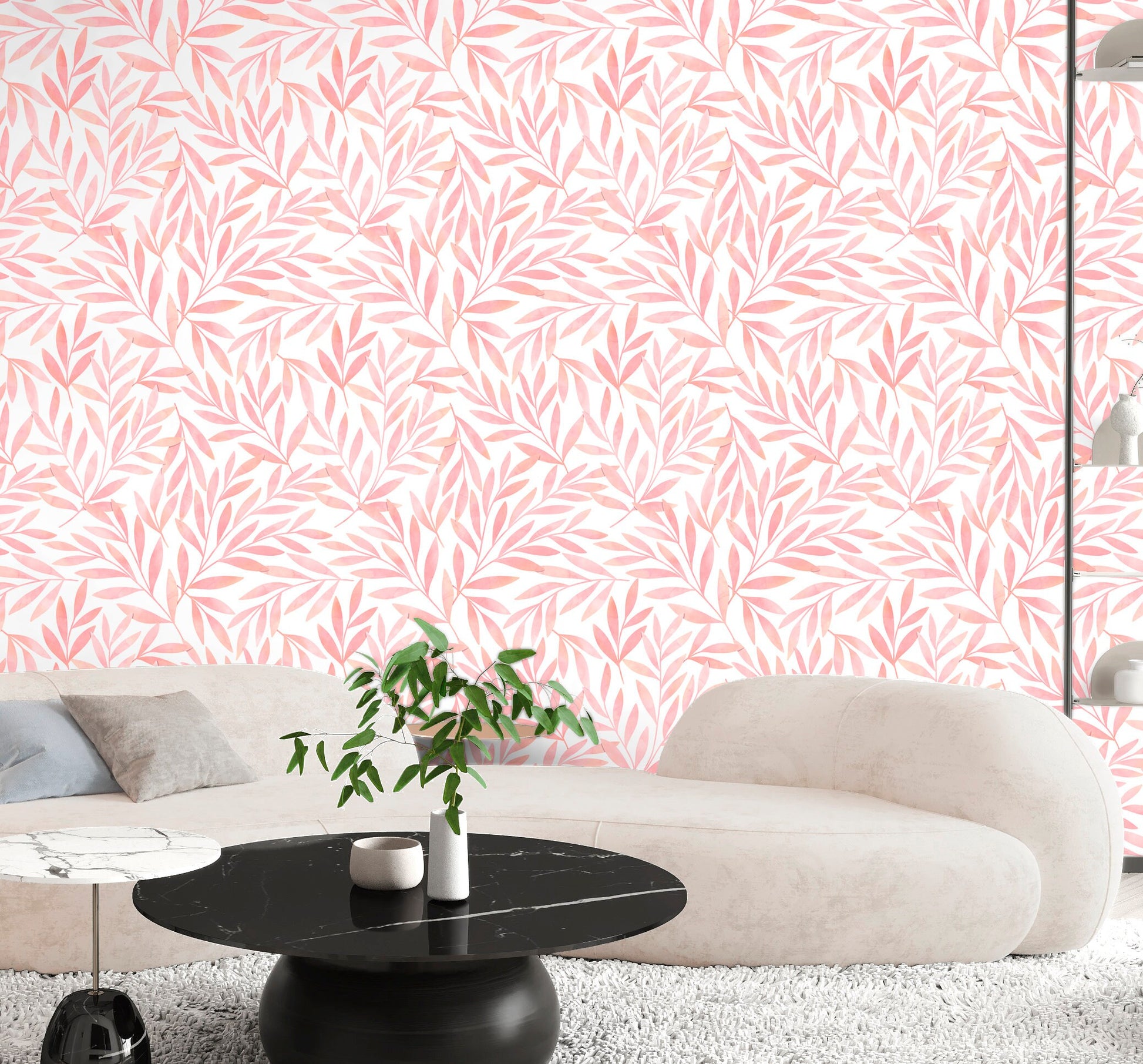 Pink Leaf Wallpaper Peel and Stick, Botanical Foliage Canvas Removable Wall Paper