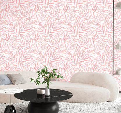 Pink Leaf Wallpaper Peel and Stick, Botanical Foliage Canvas Removable Wall Paper