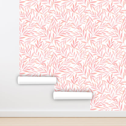 Pink Leaf Wallpaper Peel and Stick, Botanical Foliage Canvas Removable Wall Paper