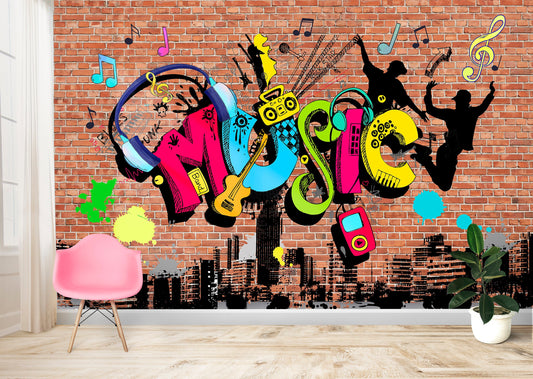 Graffiti Wallpaper Peel and Stick, Funky Music Street Art Removable Wall Paper