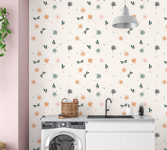 Dragonfly Wallpaper Peel and Stick, Wind Blows Flowers Removable Wall Paper