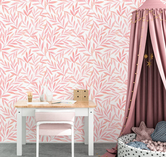 Pink Leaf Wallpaper Peel and Stick, Botanical Foliage Canvas Removable Wall Paper