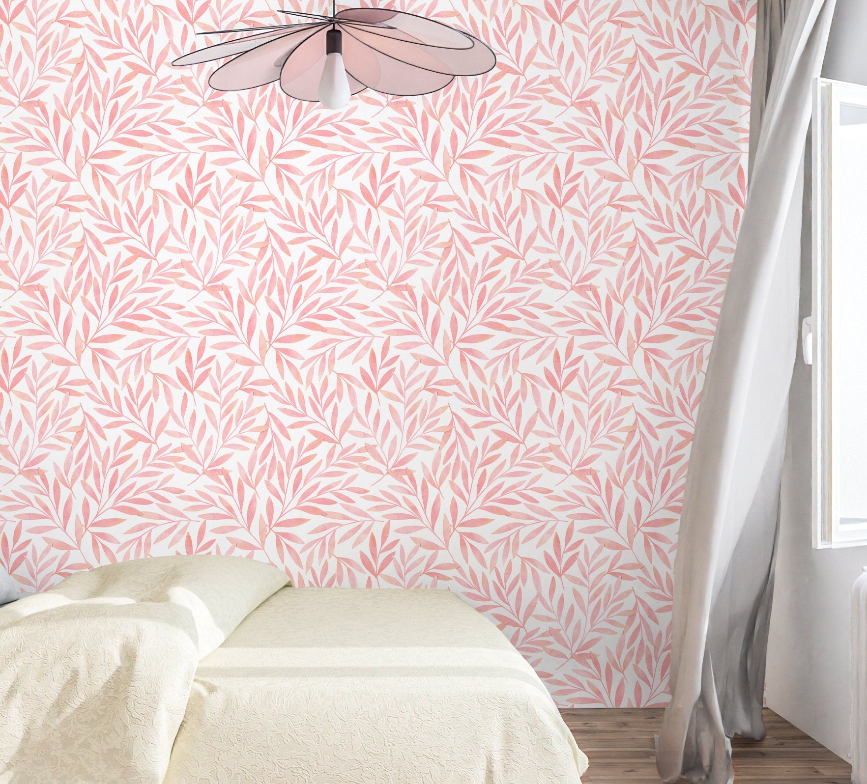 Pink Leaf Wallpaper Peel and Stick, Botanical Foliage Canvas Removable Wall Paper