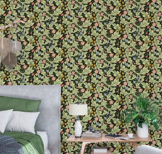 Foliage Wallpaper Peel and Stick, William Morris Style Canvas Removable Wall Paper