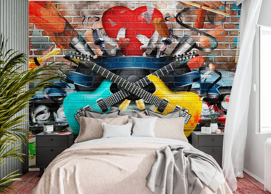 Guitar Wallpaper Peel and Stick, Graffiti Music Street Art Removable Wall Paper