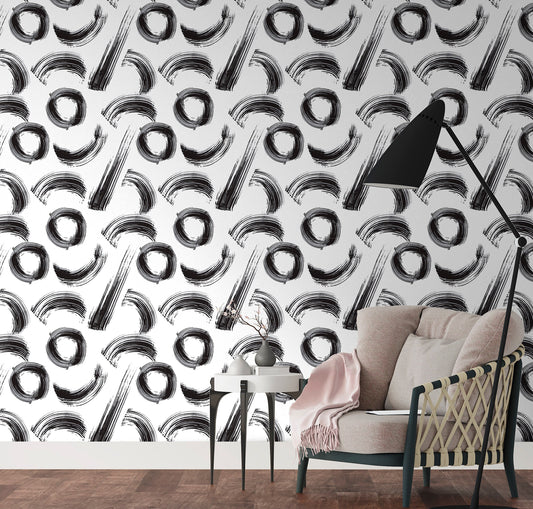 Brush Stroke Wallpaper Peel and Stick, Black and White Absrtact Removable Wall Paper