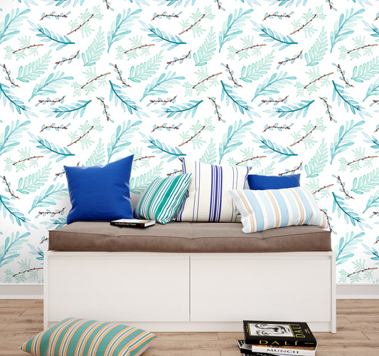 Light Blue Leaves Wallpaper Peel and Stick, Watercolor Branches Removable Wall Paper