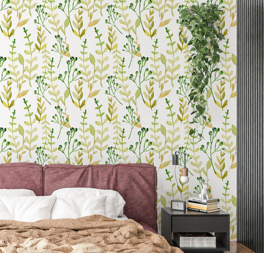 Green Leaf Wallpaper Peel and Stick, Watercolor Botanical Canvas Removable Wall Paper