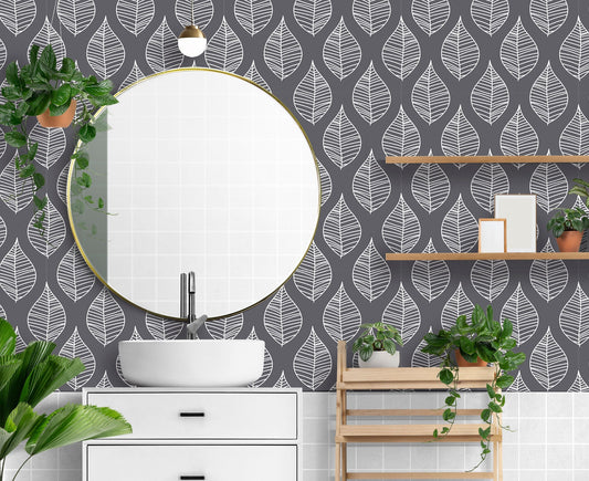 Gray Leaf Wallpaper Peel and Stick, Boho Scandi Canvas Removable Wall Paper
