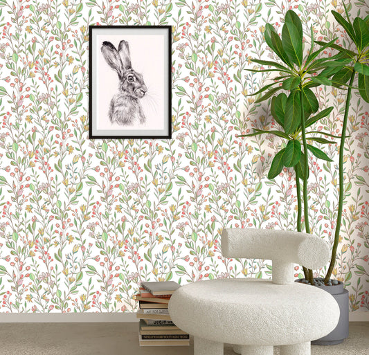 Meadow Wallpaper Peel and Stick, Flowers and Berries Canvas Removable Wall Paper