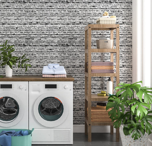 Handwriting Wallpaper Peel and Stick, Black and White Striped Textured Removable Wall Paper