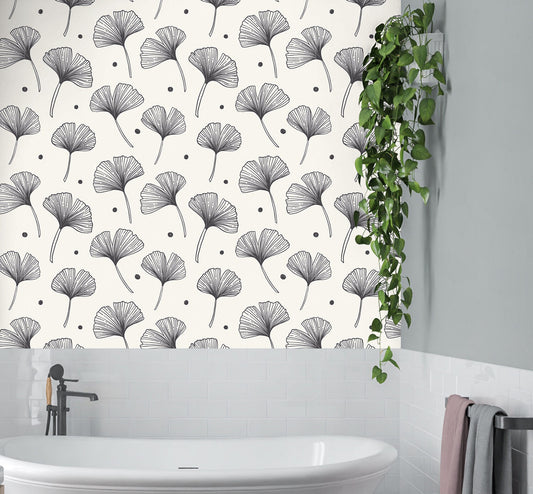 Ginkgo Wallpaper Peel and Stick, Beige Leaves Textured Removable Wall Paper